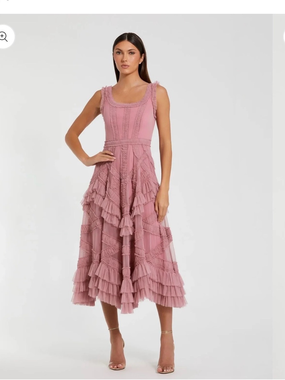 Mac Duggal Dusty Rose Tiered Ruffle Midi Dress